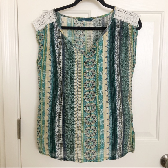 Prana Tops - PrAna Printed Blouse with Crochet Trim